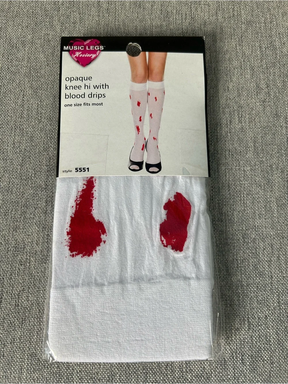 Music Legs White Knee-High Socks with Red Blood Splatter Print